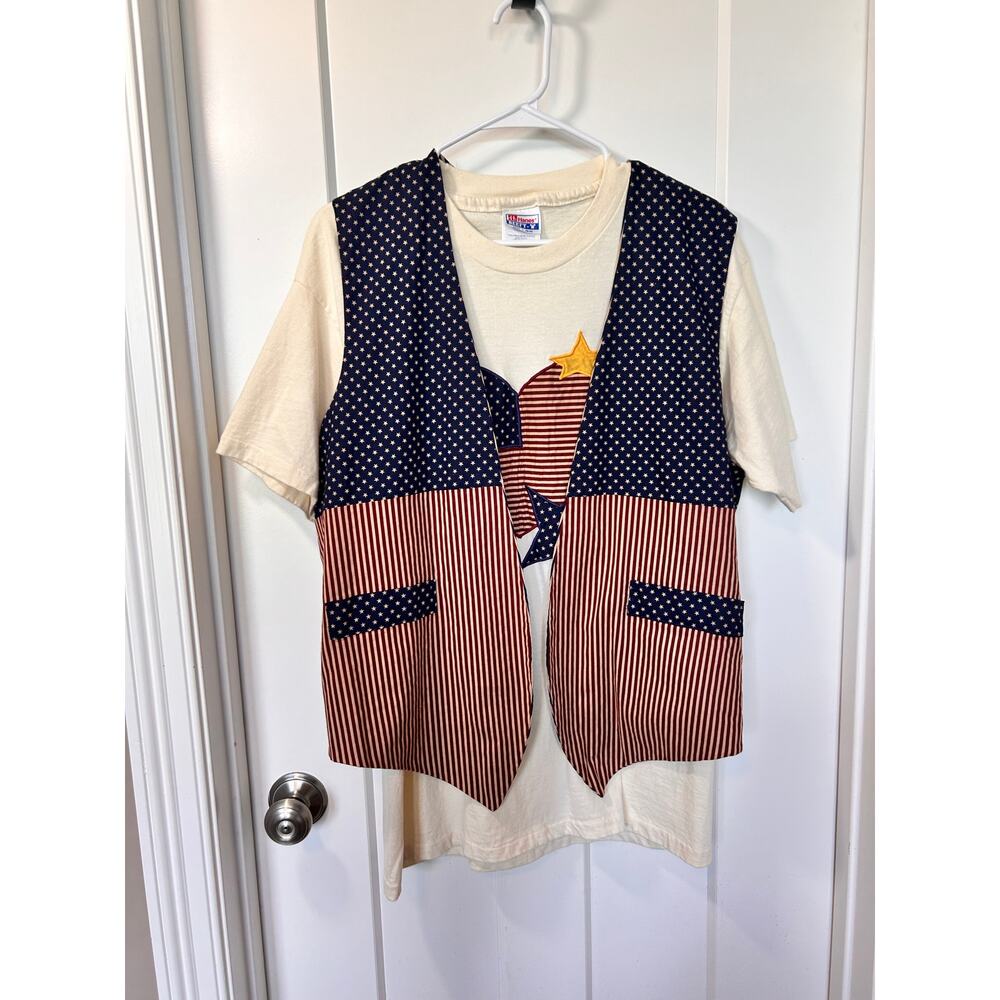 Vintage Hanes Beefy Patriotic Print Patchwork Reversible Shirt Vest Set L/M cat